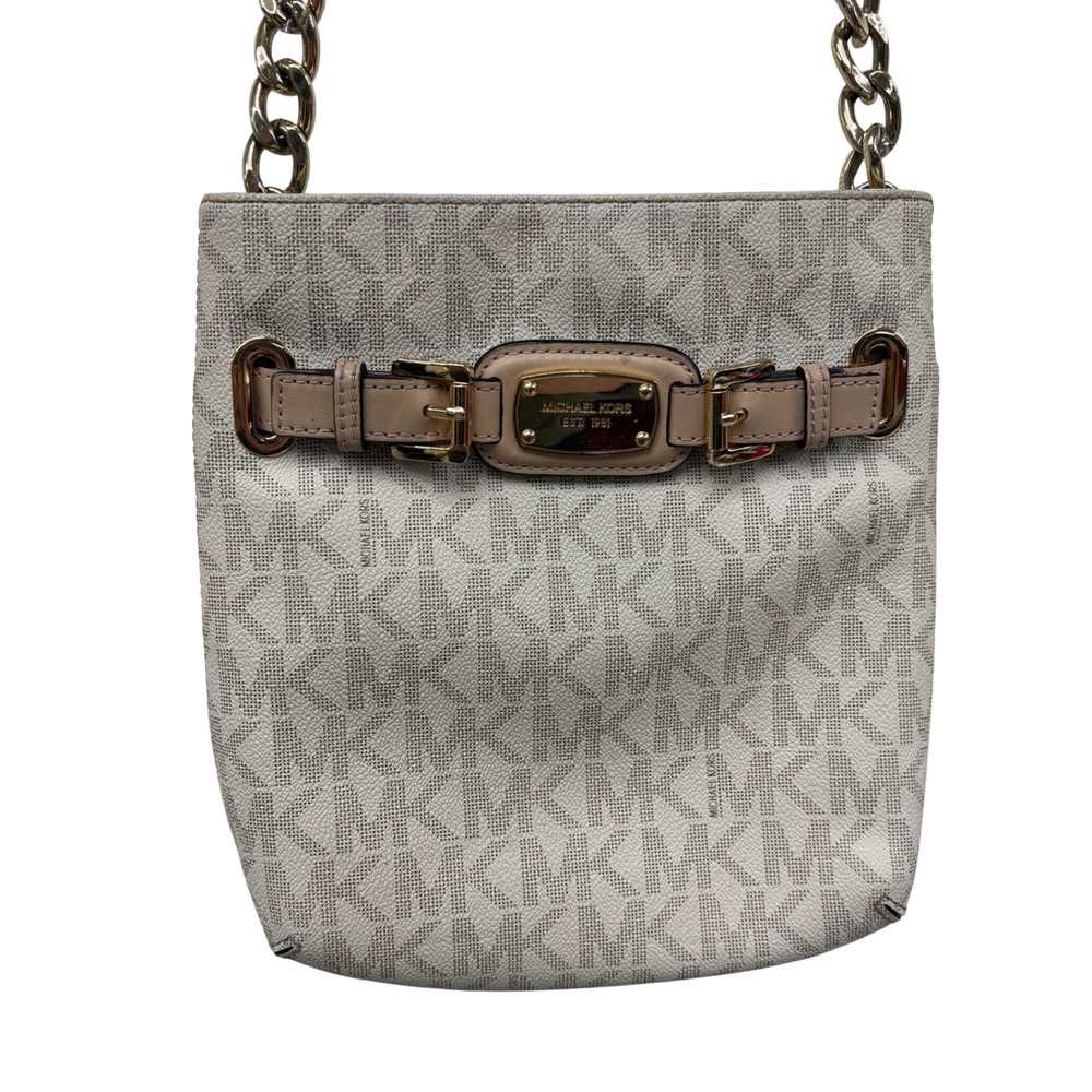 Michael Kors Bedford Flat Crossbody Bag Vanilla Signature Monogram Gold Hardware